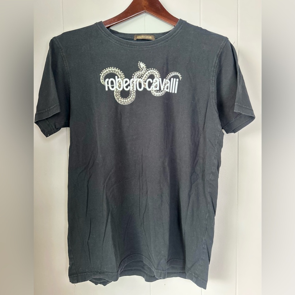 Roberto Cavalli Black Short-Sleeve Logo Tee with Embellished Motif
